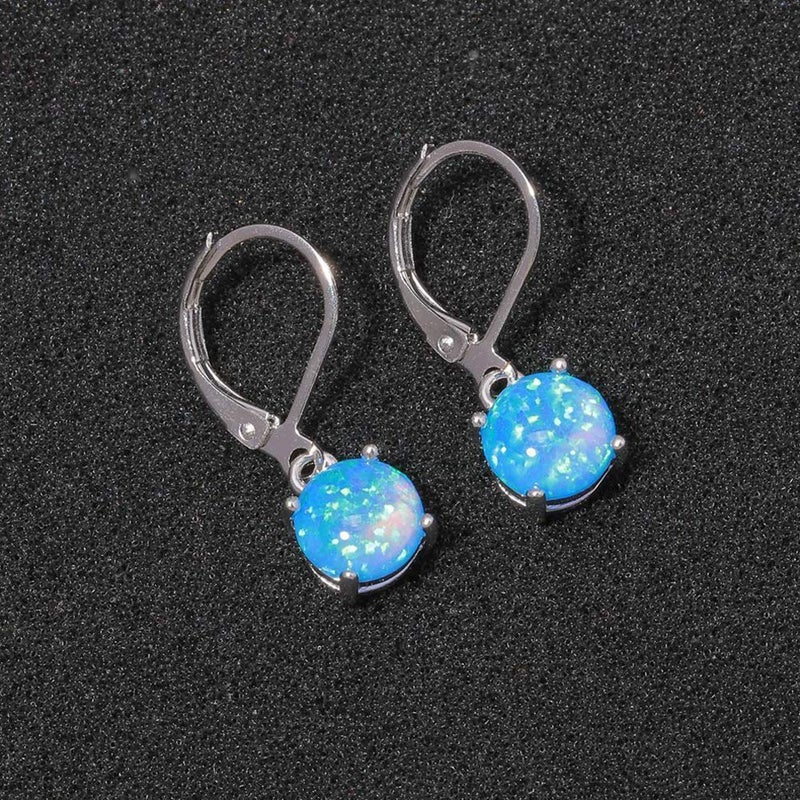 CiNily Round-Cut Opal Dangle Earrings, Blue Fire Opal Rhodium Plated Women Jewelry Leverback Gemstone Drop Earrings - Image 5